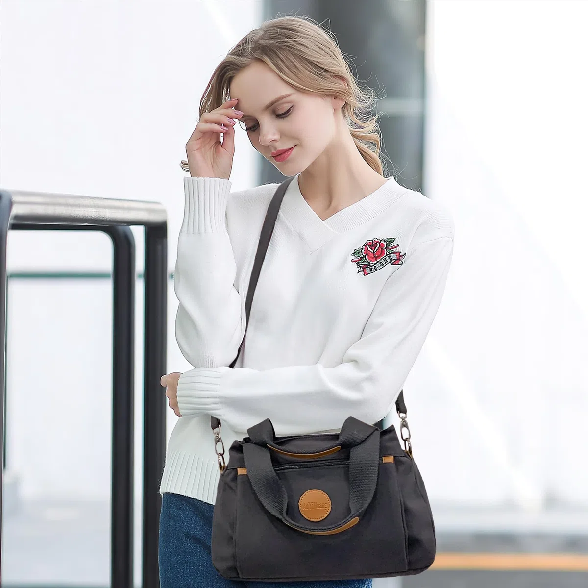 DIRRONA Borsa A Tracolla Donna - Borsa A Mano Multitasche Grande, Con Cinghia Regolabile E Manico Superiore, In Nylon Lavabile, Per Scuola, Lavoro E Viaggio - Borsa Moda Donna Grigio freddo