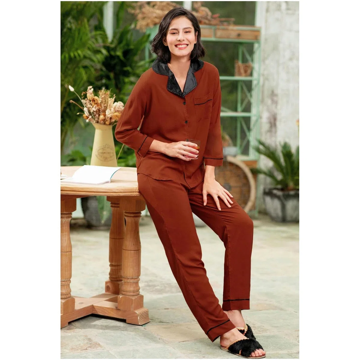 Pigiama Donna Cotone Abiti per La Casa Femminile Autunno E Inverno Camicie A Maniche Lunghe E Pantaloni in Due Pezzi Pigiami-rm61-red-xl