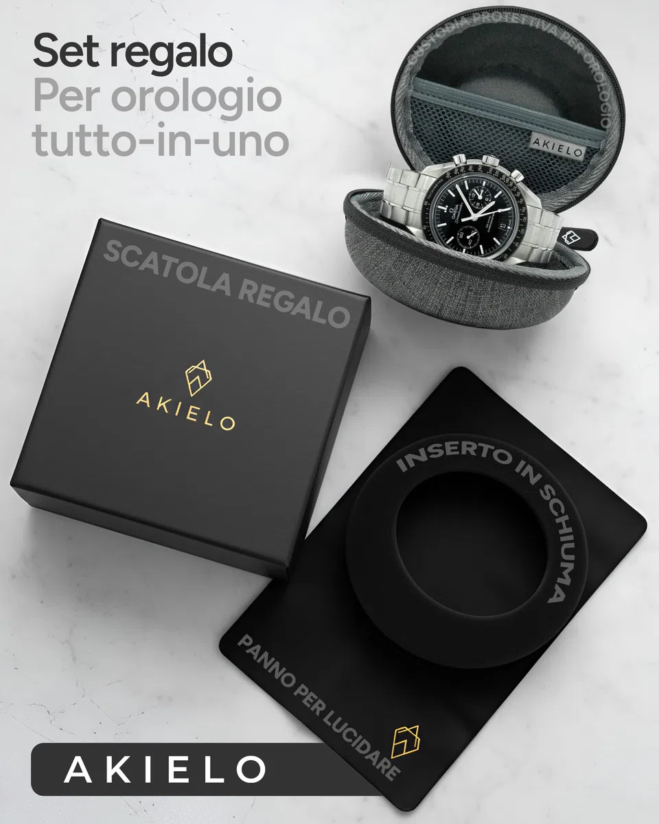 AKIELO Custodia Porta Orologi – Custodia da Viaggio per Orologi Uomo e Donna con Panno per la Pulizia in Cofanetto Regalo – Per Orologi e Smart Watch fino a 54 mm (Edizione Grigio Carbone)