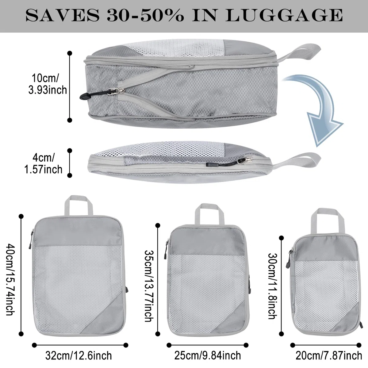 Organizer per valigie imballaggio a compressione Organizzatori di valigie da viaggio espandibili, Grigio 3 pezzi