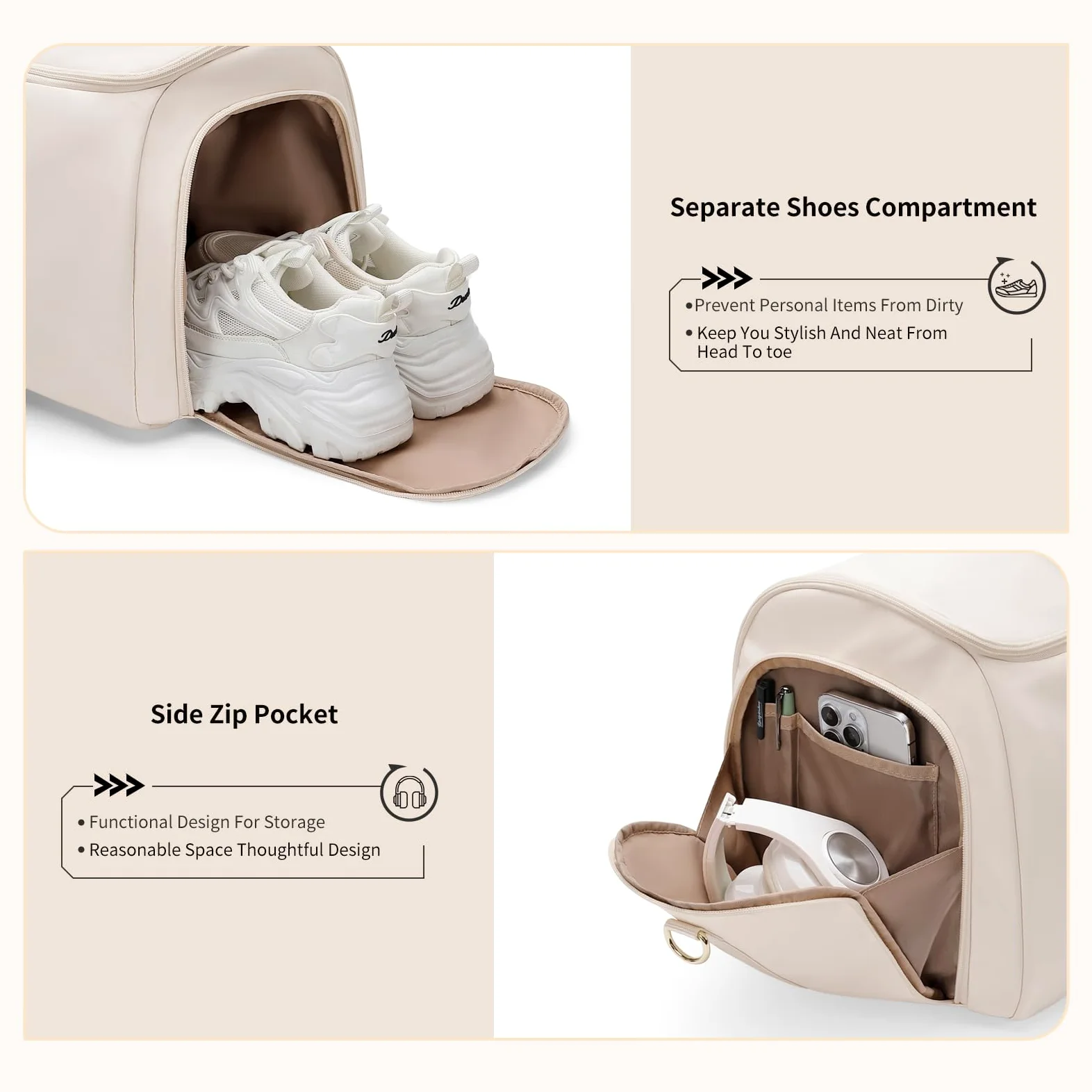 Borsa da Viaggio Convertibile 2 in 1 Borsa Sportiva da Donna con Scomparto Scarpe Borsas Porta Abiti da Viaggio Borsas per Bagagli a Mano (Beige)