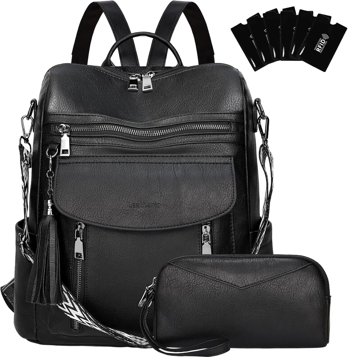 Leathario Zaino da Donna in Pelle Vegana Impermeabile e Antifurto, Zainetto Elegante per Laptop, per Ufficio, Università e Viaggi(Nero Assoluto)