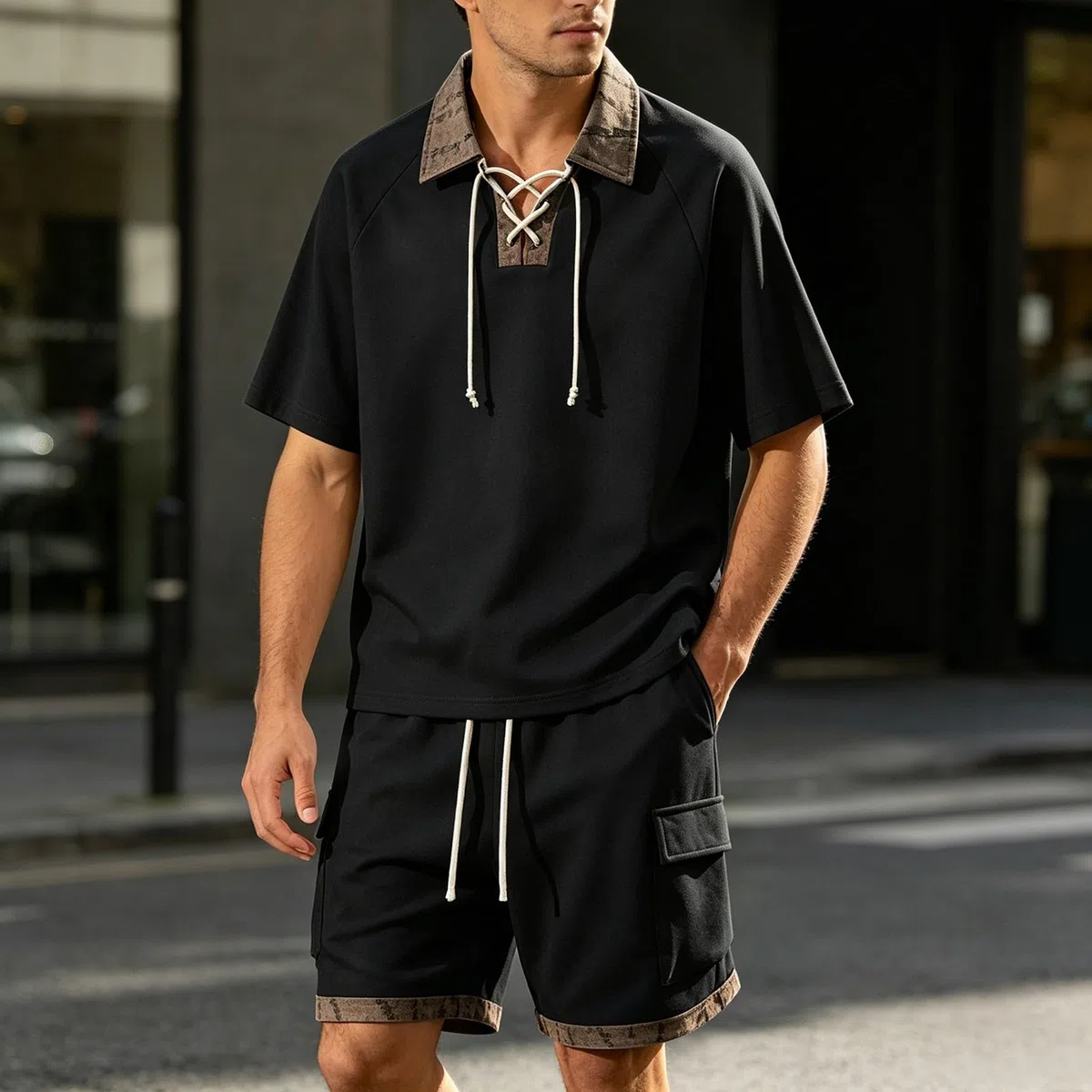 Tuta da jogging da uomo, due pezzi, polo e pantaloncini, con coulisse, estiva, per il tempo libero, abbigliamento sportivo, con risvolto, tuta da allenamento per attività all'aperto