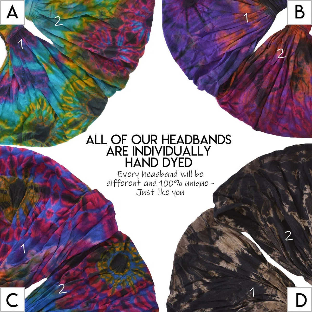CHARM Fascia Capelli Donna E Uomo Tie Dye, Hippie Headband Tinta Unita, Bandana Con Elastico Anni '60 E '70, Accessori Figli Dei Fiori, Fascetta Skincare Tintura Tipo C