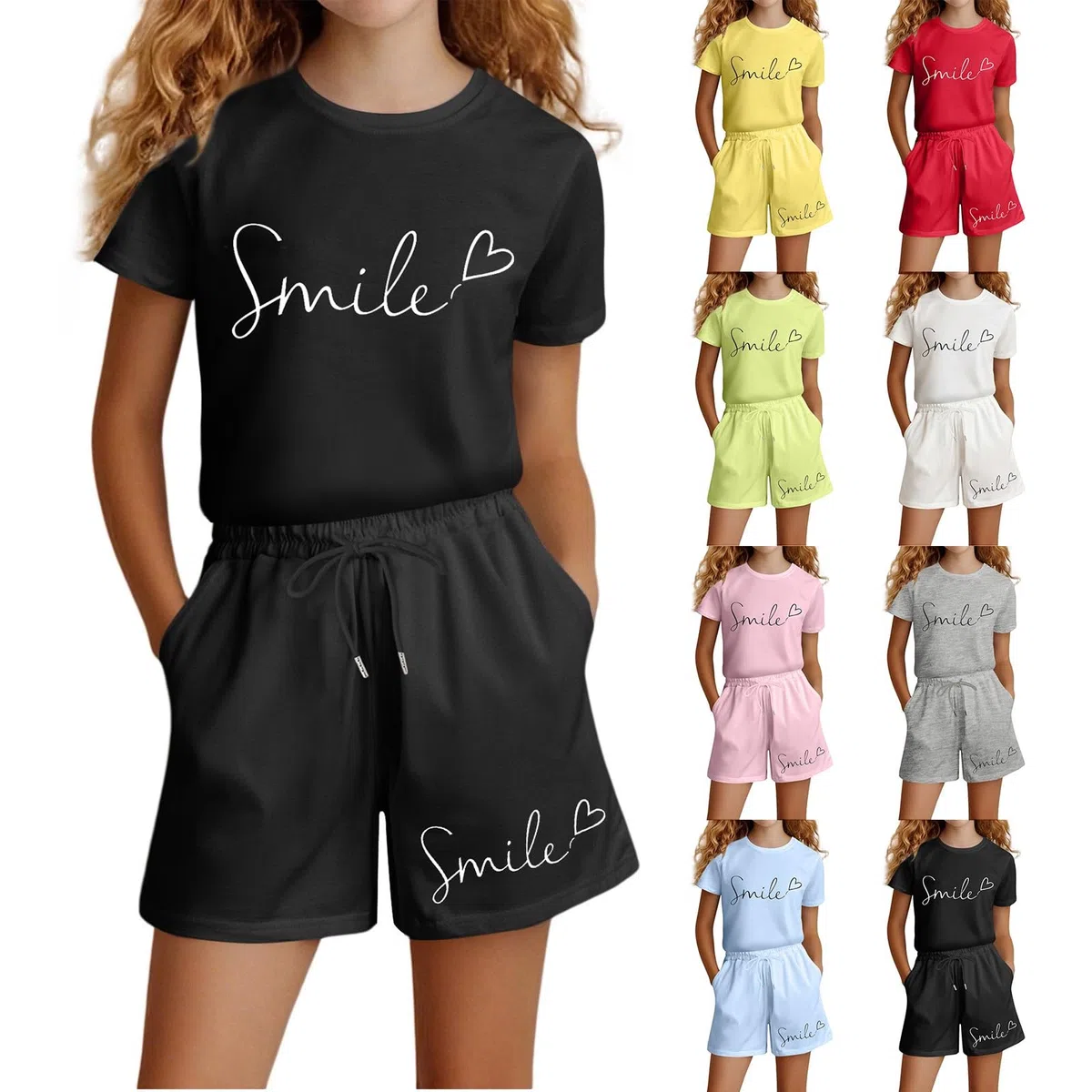 Generico Completo Bambina 2 Pezzi Maglietta Manica Corta e Pantaloncini Corti Set Estivo Ragazza Tuta Sportiva Casual con Scritta Smile Look Moderno e Dinamico per Tempo Libero