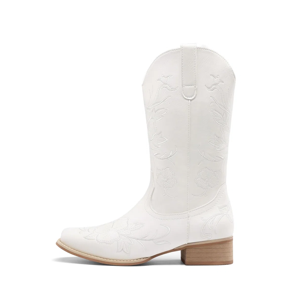 DREAM PAIRS Stivali da cowboy da donna con punta quadrata ricamata, tacco basso grosso, stile western, per festival di musica country, feste a tema e concerti, bianco, 41 EU