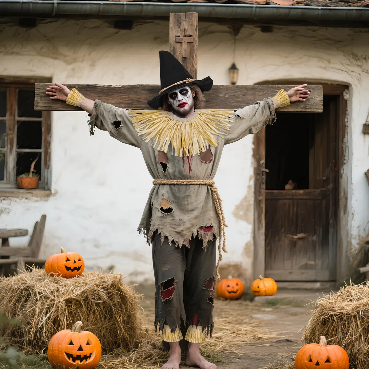 Horolam 7 Pezzi Accessori per Costume Da Spaventapasseri, Costume Da Mago Spaventapasseri Con Cappello per Adulti Donne Uomini per Halloween Cosplay Travestimento