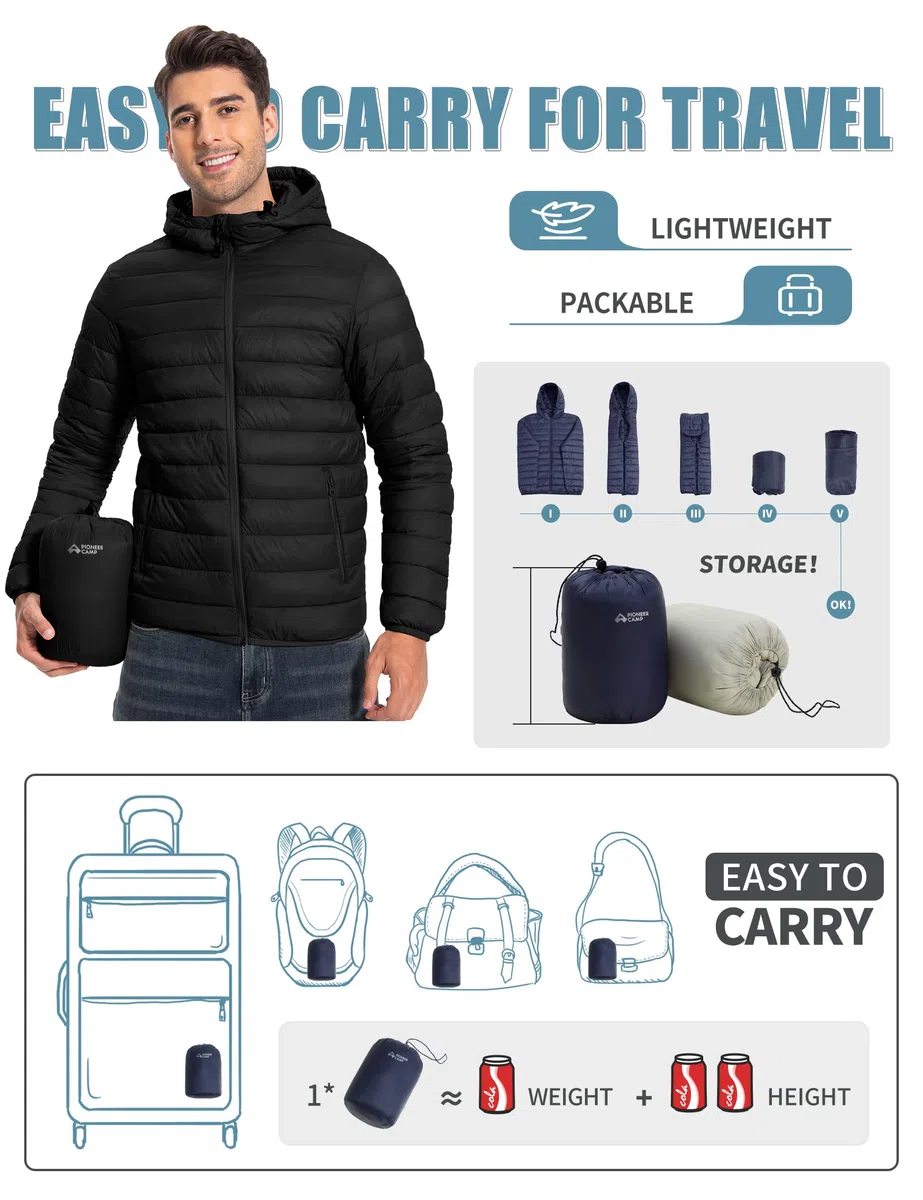 Pioneer Camp Piumino da uomo leggero, ripiegabile, con cappuccio, isolante, termico, per corsa e viaggio