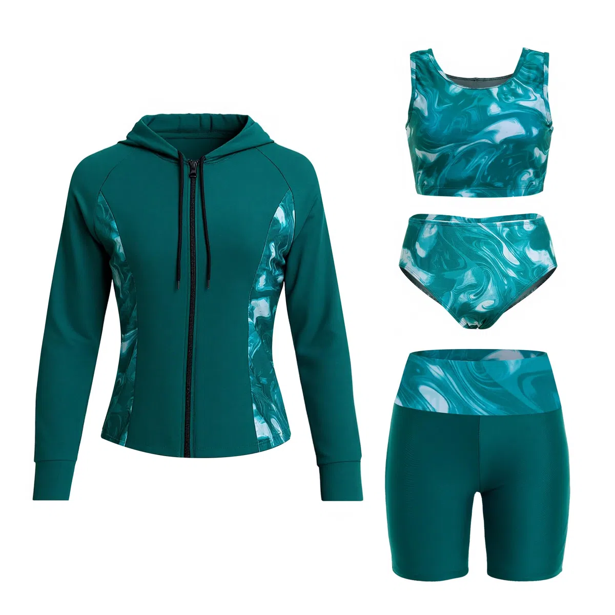 Owntop Costume da bagno da donna a maniche lunghe, protezione UV, con reggiseno integrato, set di 4 pezzi con protezione dai raggi UV per nuoto, surf e vacanze al mare