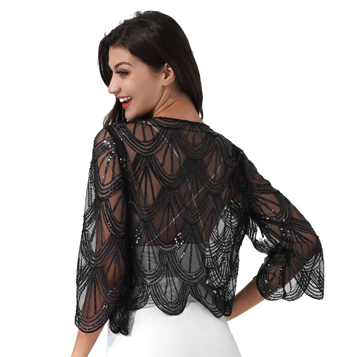 Freebily Coprispalle Donna Cardigan in Pizzo Elegante Giacca con Paillettes Bolero da Cerimonia Matrimonio Top Leggero Orlo Irregolare Abito da Sera Club Cocktail