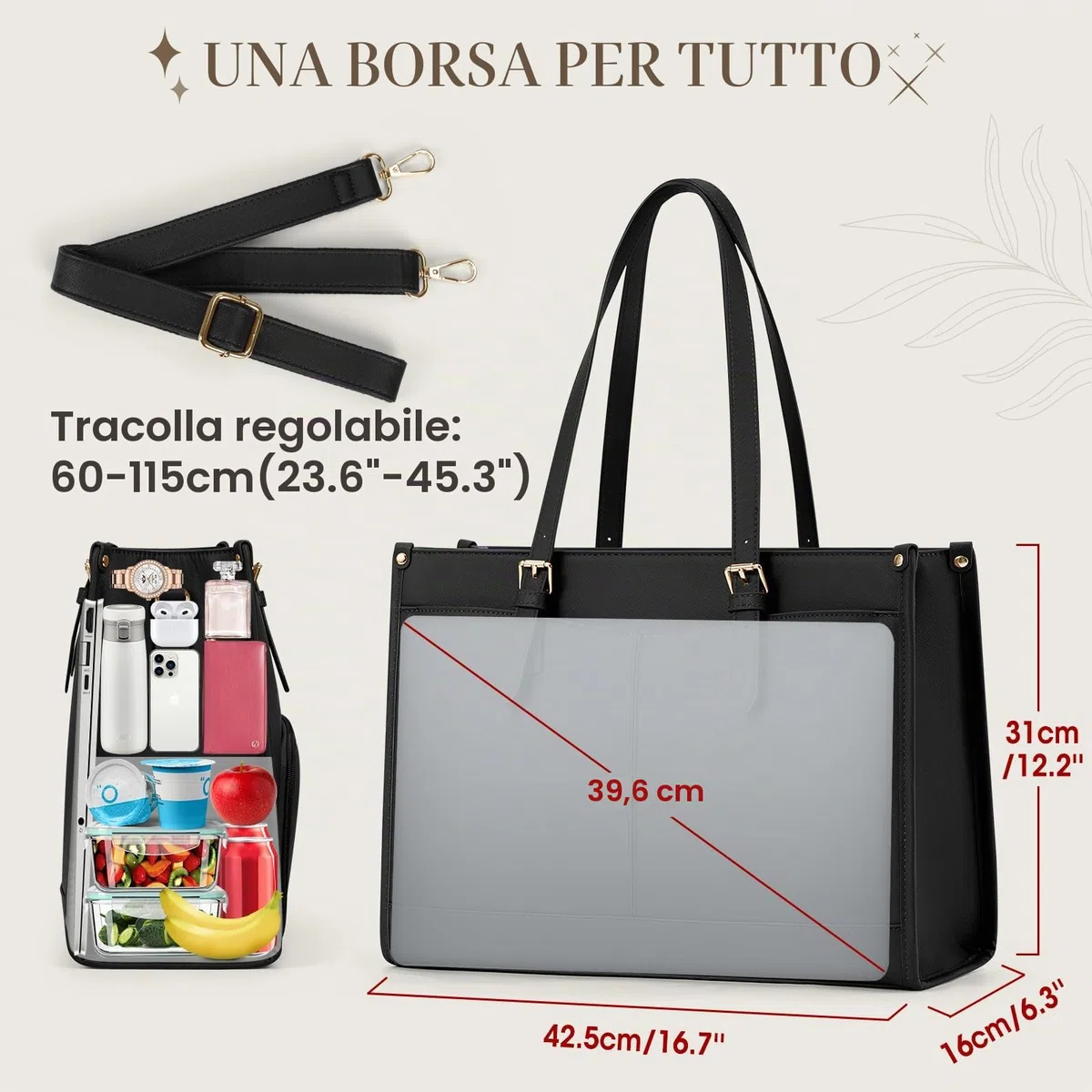 RAINSMORE Borsa Lavoro Donna con Scomparto Pranzo Isolato Grande Borsa Porta PC 15.6 Pollici Impermeabile Borse Tote Pelle PU per Università Ufficio Shopper