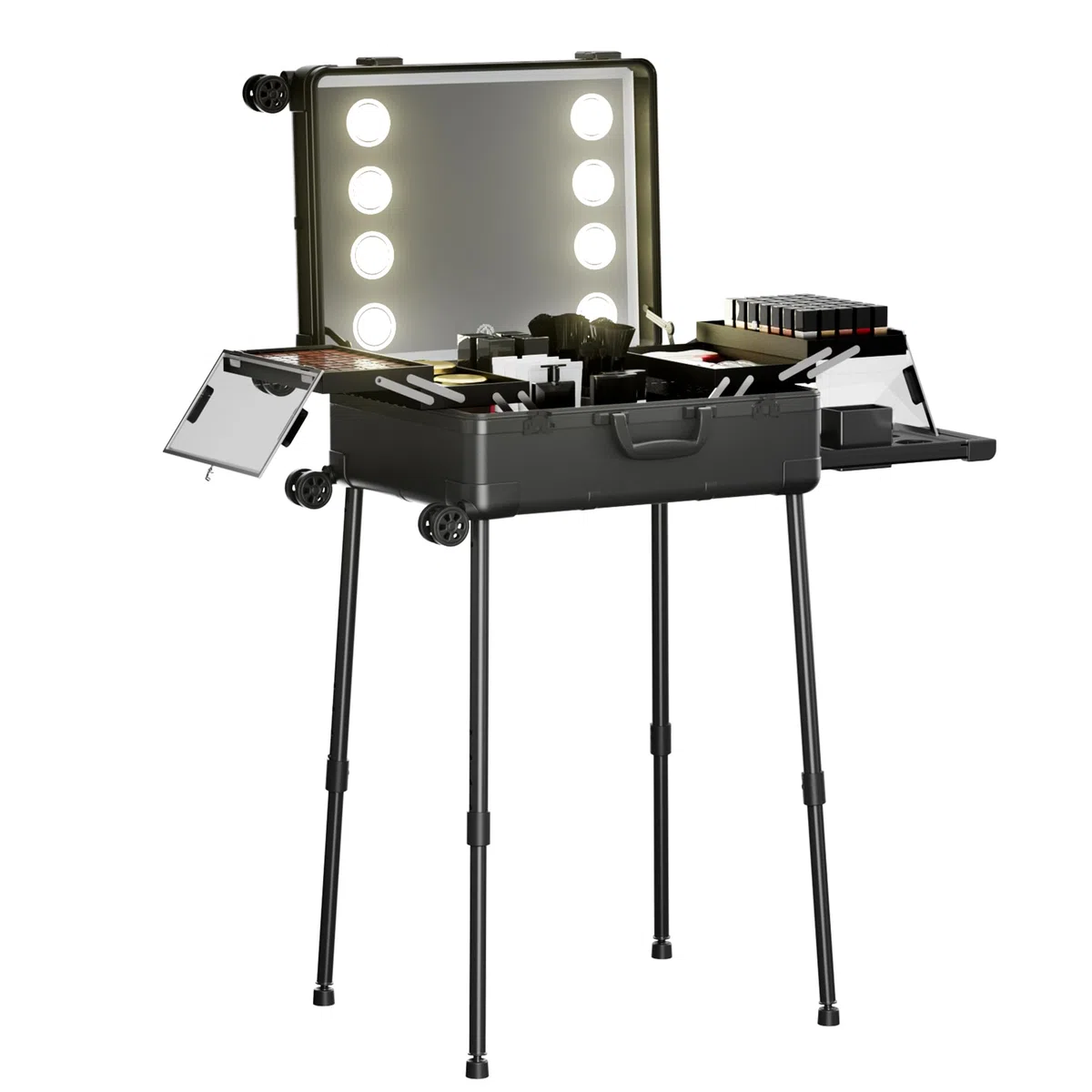 Valigetta Trucco con Rotelle in Alluminio, Grande Specchio con Illuminazione a LED, Organizzazione Cosmetici con Serratura a Combinazione, Stazione Trucco Pieghevole per Studio e Viaggio, Nera