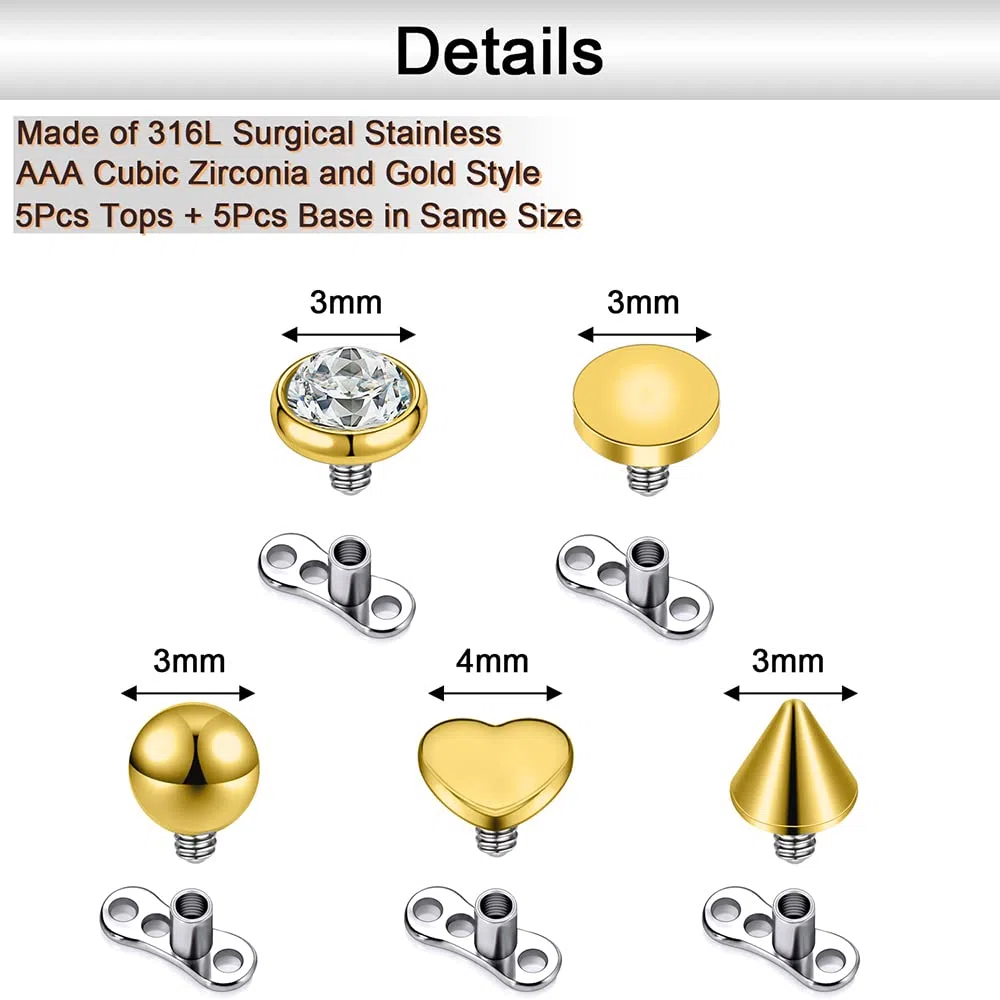 PunkTracker Kit per piercing dermico in acciaio chirurgico 316L, 10 pezzi, con opale e filettatura interna dorata