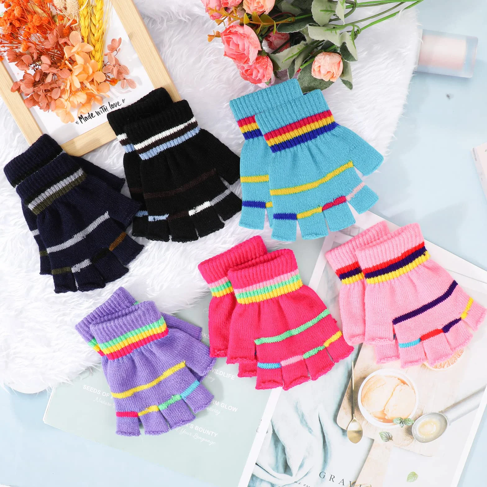 QKURT 6 paia di guanti senza dita per bambini, guanti a mezza dita, elasticizzati, caldi, a righe, colorati, invernali, per ragazzi e bambine dai 6 ai 12 anni