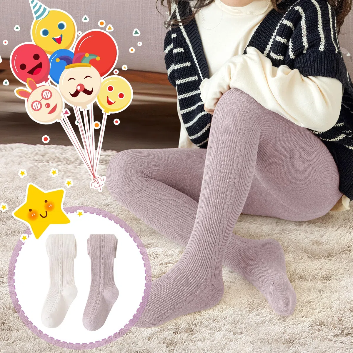 QKURT Collant Caldi per Bambine, 2 Pacchetti di Collant a Maglia per Bambini in Uniforme Scolastica, Calze di Cotone per Bambine 1-10 Anni