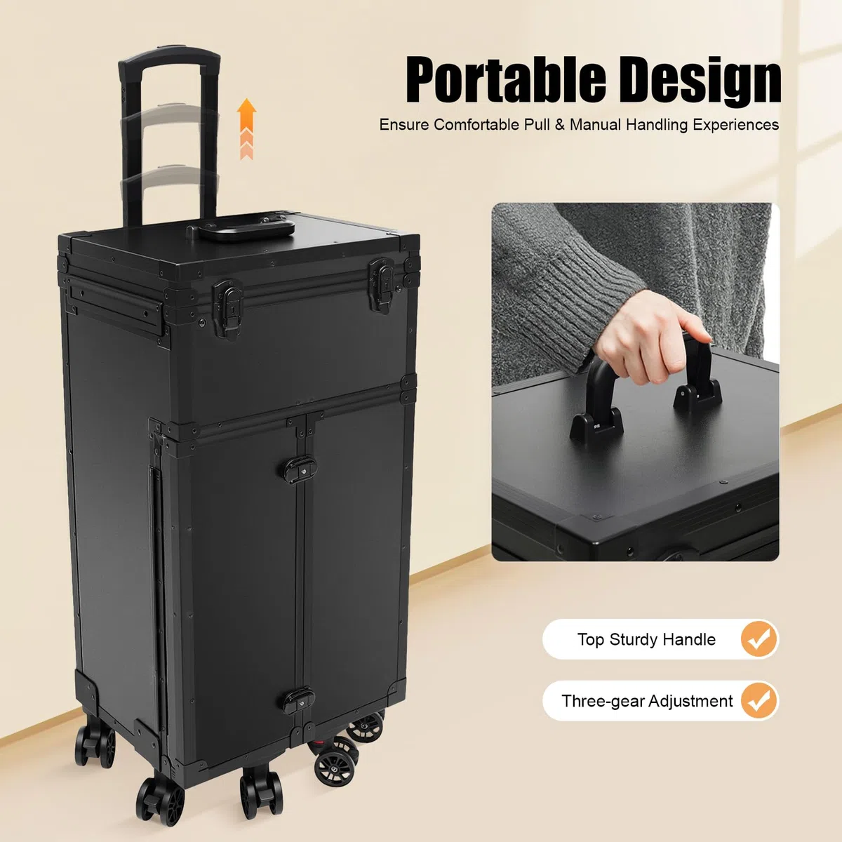 Valigetta cosmetica | Valigetta per trucchi | Valigetta professionale con ruote | Alluminio & ABS | Manico regolabile in altezza | 4 cassetti + scomparti | Portatile fino a 30 kg | Per truccatori e