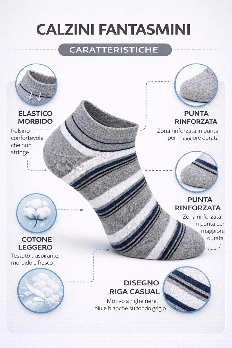 Lucchetti Socks Milano Fantasmini Cotone Uomo 6 Paia Fantasia Invisibili No Show, Calzini Bassi Leggeri e Traspiranti in Cotone Morbido per Sneakers