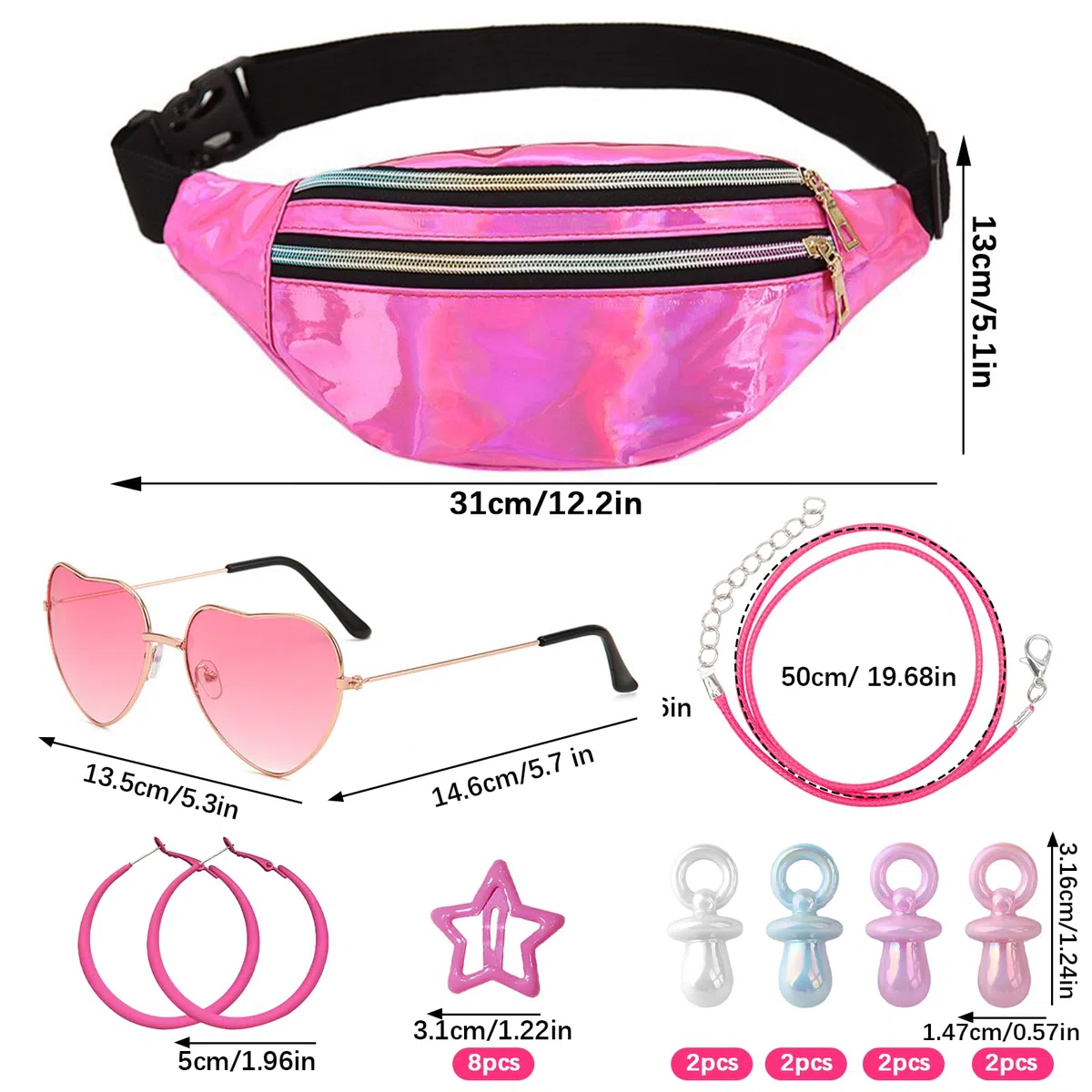 Outfit anni '90 da donna, 20 pezzi di accessori anni '90 con marsupio da donna, occhiali a cuore, orecchini, fermaglio a stella, catenina rosa con ciondolo per accessori hippie, outfit da festival e