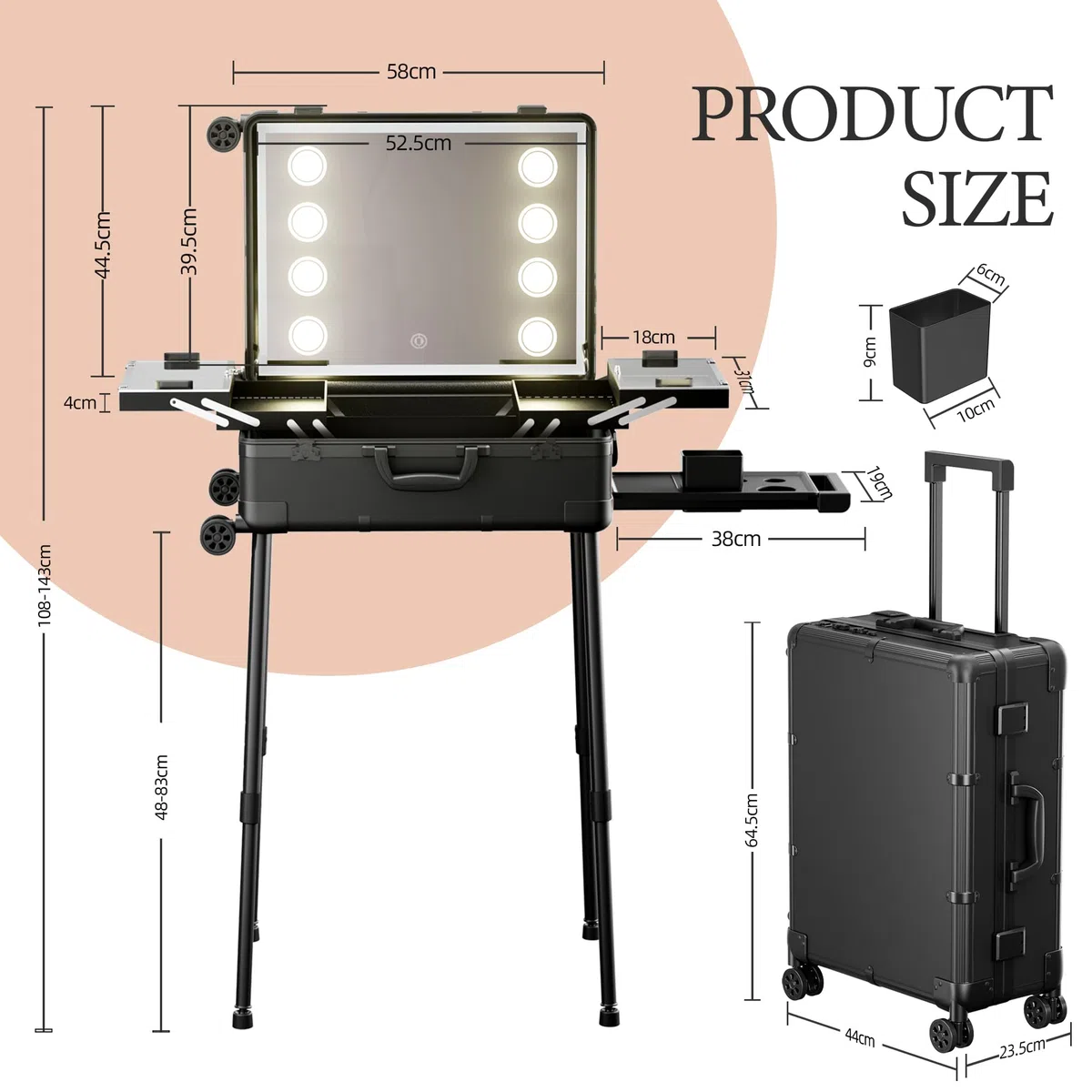 Valigetta Trucco con Rotelle in Alluminio, Grande Specchio con Illuminazione a LED, Organizzazione Cosmetici con Serratura a Combinazione, Stazione Trucco Pieghevole per Studio e Viaggio, Nera