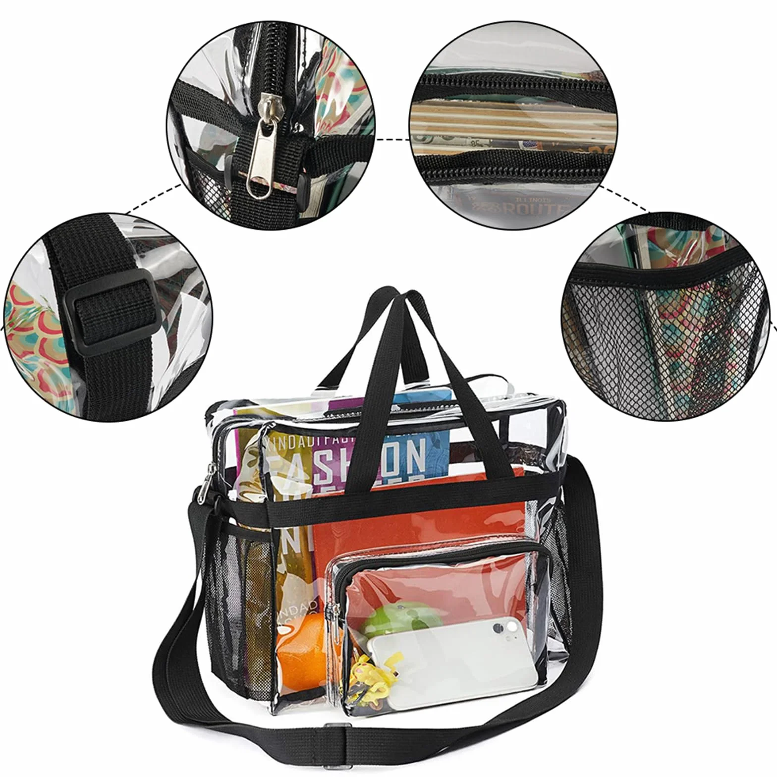Borsa Trasparente, PVC Borsa Trasparente Grande con Tasche | Borsa Trasparente Donna Approvata Dallo Stadio per la Palestra, per Il Lavoro, per I Giochi Sportivi e Concerti