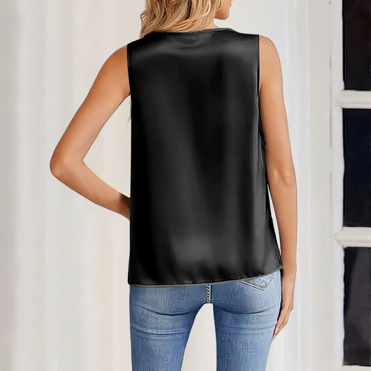 Blusa Donna Estiva Smanicata in Raso-Camicie Scollo A V Bianca Sottogiacca Elegante Seta Maglia Classica Tunica Basic T-Shirt Oversize Leggera Inter Camicia Lucida Tunica