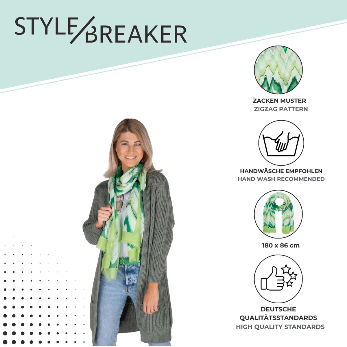 styleBREAKER Sciarpa da donna con motivo a zig zag colorato e accenti metallici, stola multicolore a zig zag 01016221