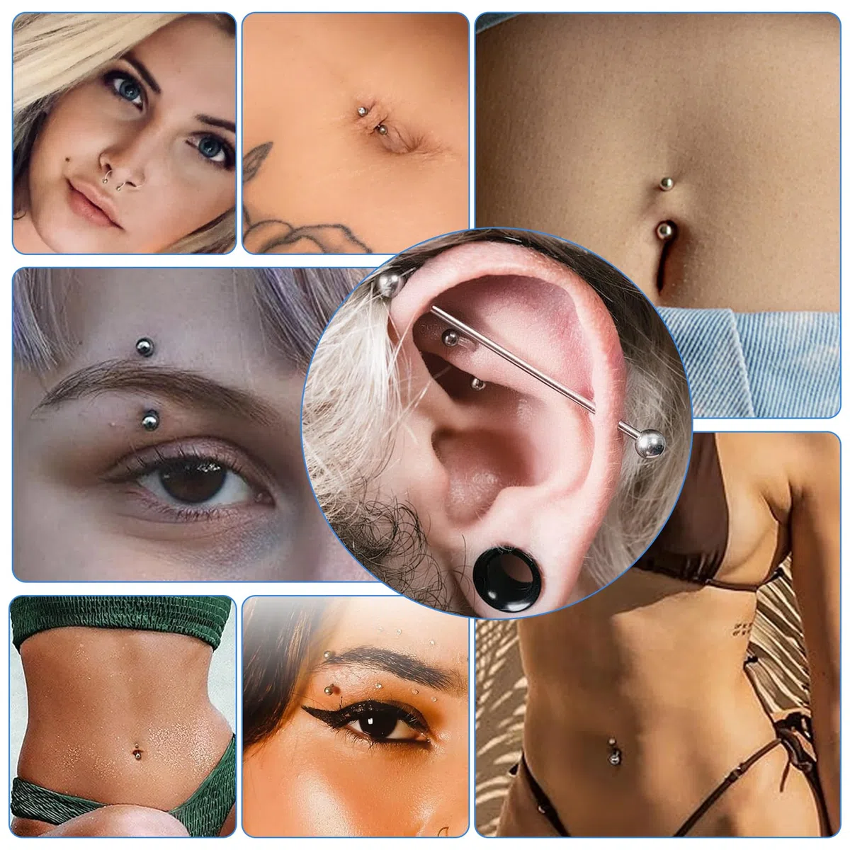 LAURITAMI kit piercing completo, varie misure 14G 16G 20G Acciaio inossidabile Piercing naso setto nasale Sopracciglia Labbra Lingua Cartilagine ombelico Set di gioielli