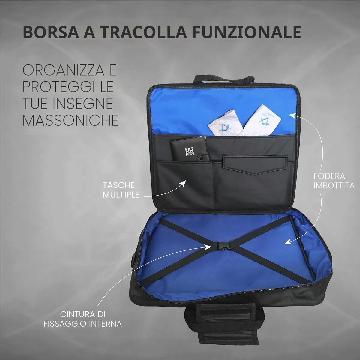 THE MASONIC COLLECTION Borsa a mano e a tracolla con grembiule di grado provinciale - Cerniera bifacciale - Regalo massonico per uomo