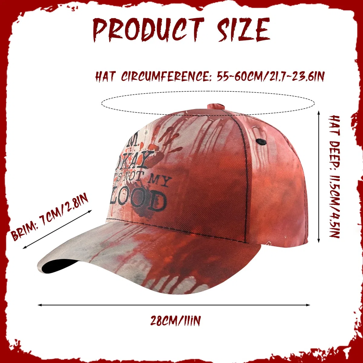 Cappellini da Baseball Halloween con Macchie di Sangue, I'm Ok, It's Not My Blood Cappellino Horror, Cappello da Baseball Unisex, Accessorio Cosplay per Festa Horror e Costumi