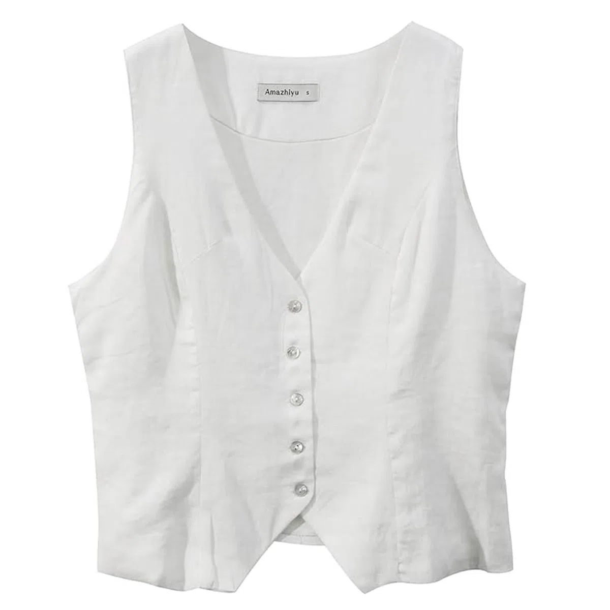Amazhiyu Gilet da donna in lino, senza maniche, con scollo a V, corto, con bottoni, vestibilità aderente, cinghie regolabili