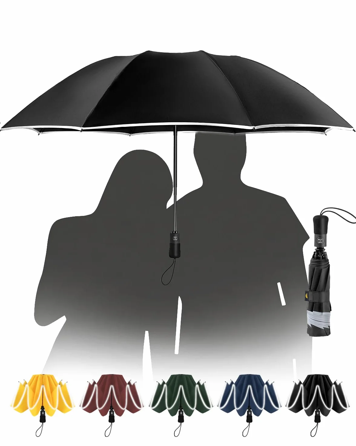 Ombrello Pieghevole Pioggia da Viaggio con strisce riflettenti - Ombrelli inverso Portatile per uomo e donna Automatico Apri Chiudi, Rivestimento in 210T Apertura 105 cm 8 Stecche