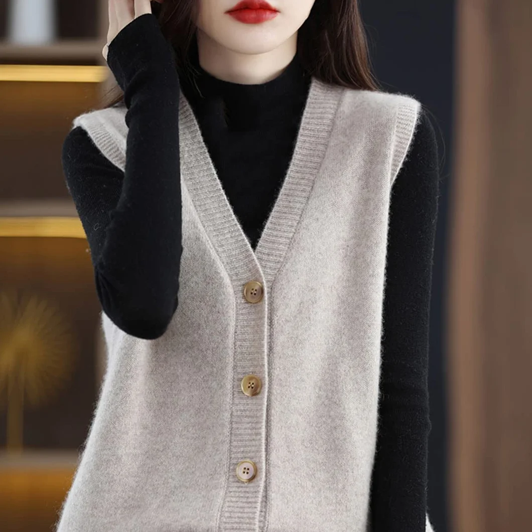 Ownwfeat Gilet in Maglia Cardigan Senza Maniche con Bottoni in Lana con Scollo A V da Donna