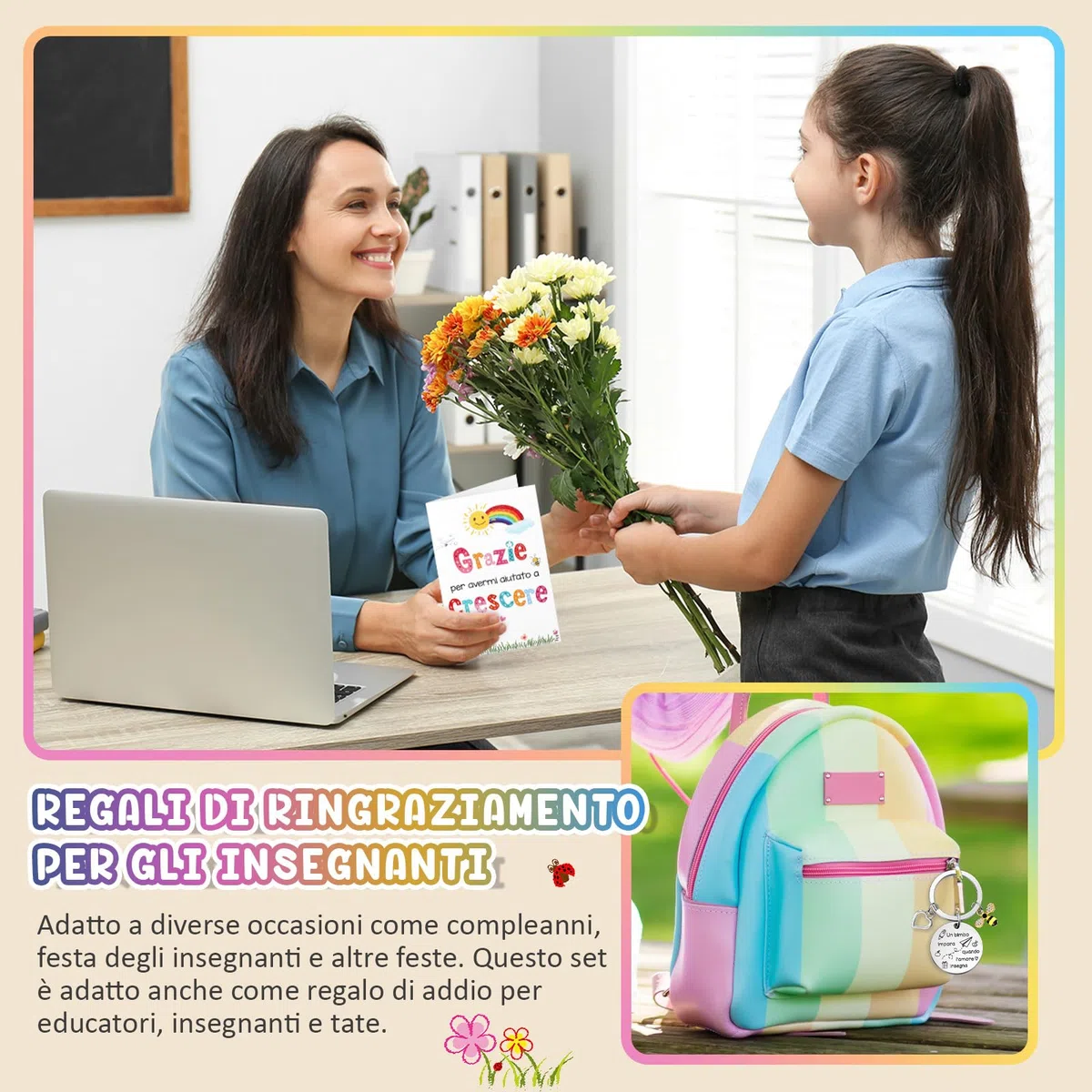 Clabby 6 Sets Idee Regali Maestre di Fine Anno Regalo per Insegnante 6 Portachiavi Insegnanti 6 Biglietti d'Auguri di Arcobaleno 6 Buste per Laurea Asilo Scuola Elementare Professoressa