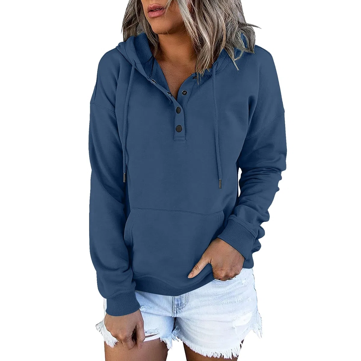 Maglione da donna a collo alto, lungo, casual, da donna, con cappuccio, bottone, scollo a V, coulisse, felpa con cappuccio da donna, senza cappuccio
