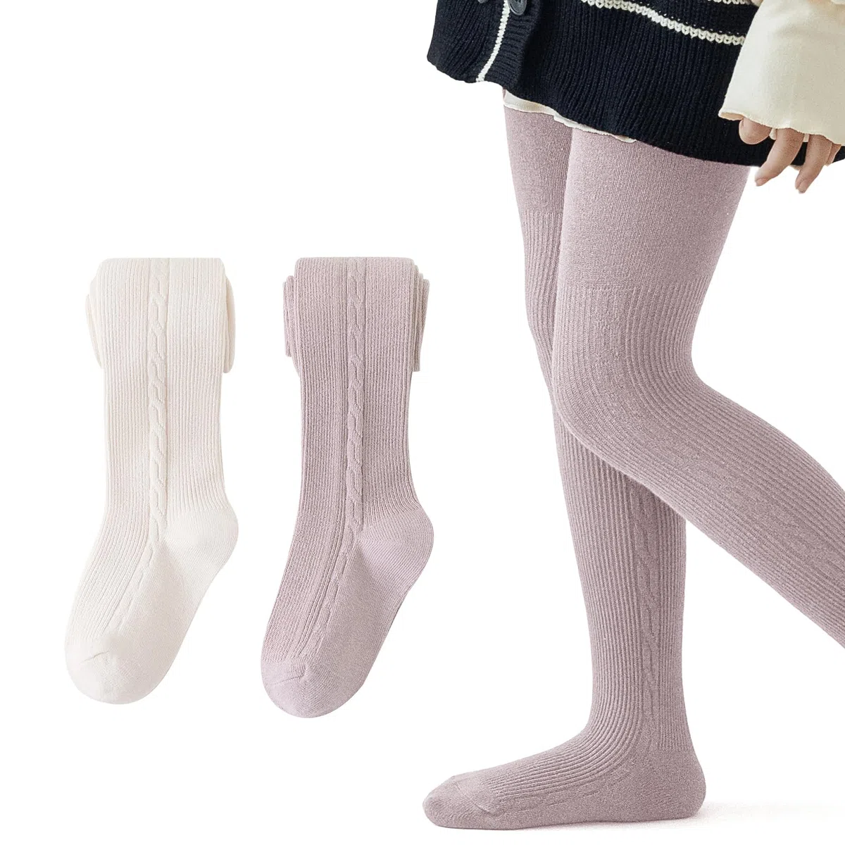 QKURT Collant Caldi per Bambine, 2 Pacchetti di Collant a Maglia per Bambini in Uniforme Scolastica, Calze di Cotone per Bambine 1-10 Anni