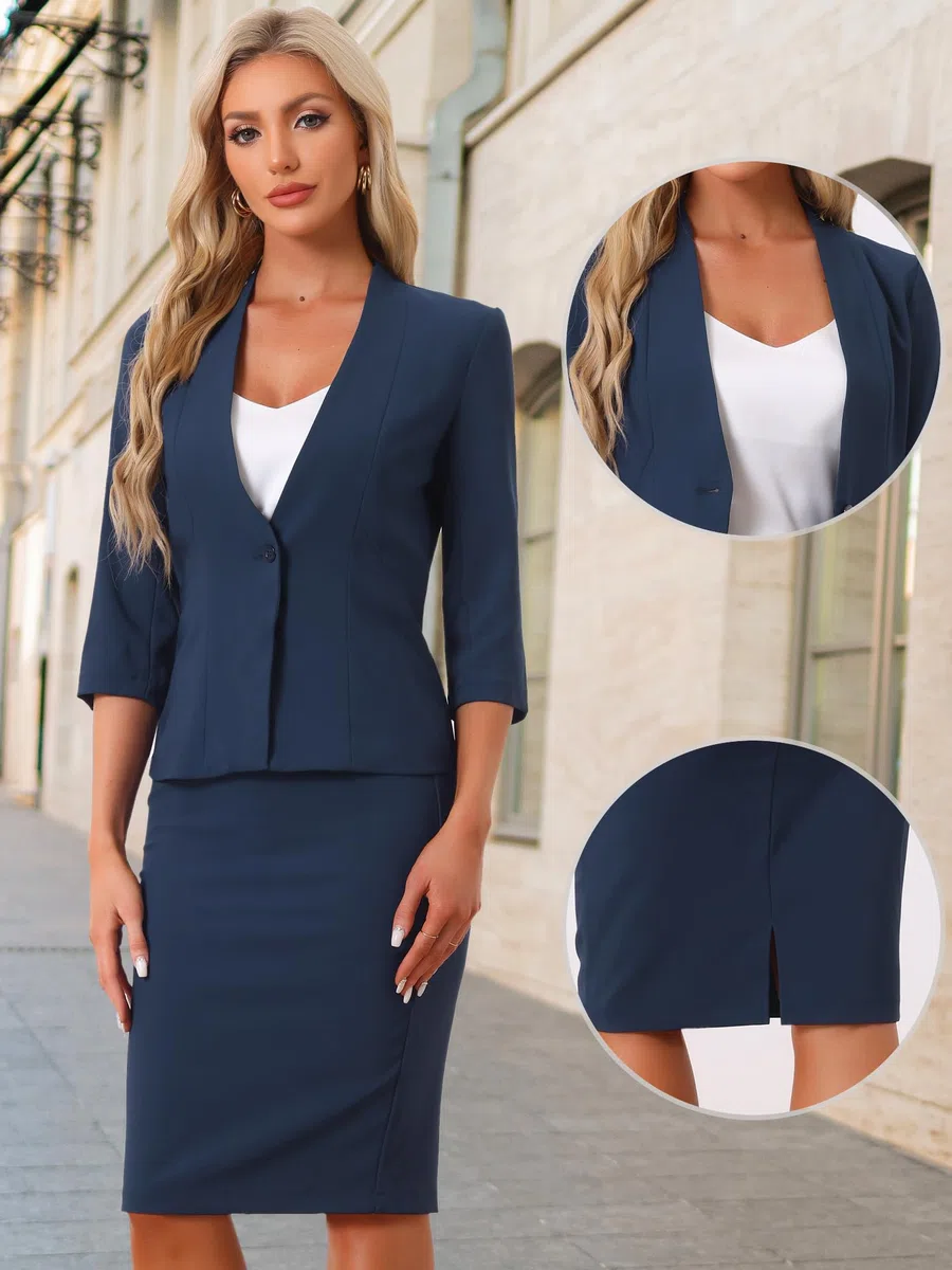 Allegra K Donna Set Gonna da Lavoro per Gonna A Tubino Blazer Senza Colletto in 2 Pezzi da Ufficio Blu Navy S