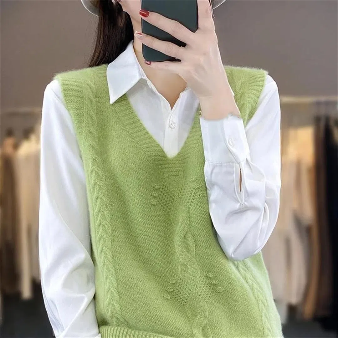 Gilet da donna senza maniche in lana casual con scollo a V stampato gilet lavorato