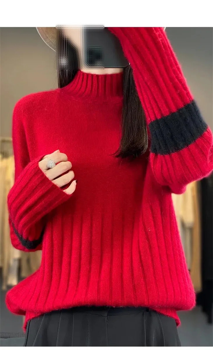 Dninmim Maglione da donna a collo alto in lana, per autunno e inverno, vestibilità larga, camicia morbida