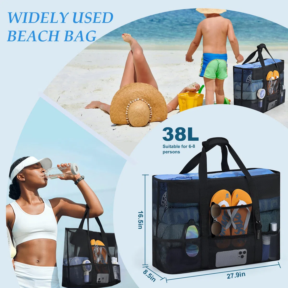 BBLIKE Borsa Mare Grande XXL Famiglia - Borse da Spiaggia Donna con Chiusura Zip e Impermeabile Leggera, Multitasche ad Ampia Capacità Borsello Tracolla Donna per Shopping, Viaggio, Campeggio