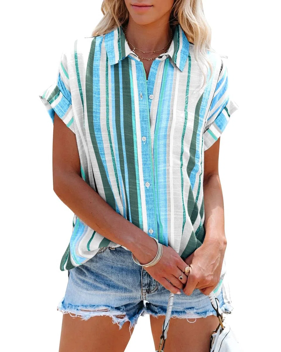 Cicy Bell Camicetta da donna a maniche corte, con scollo a V, a righe, estiva, casual, con bottoni