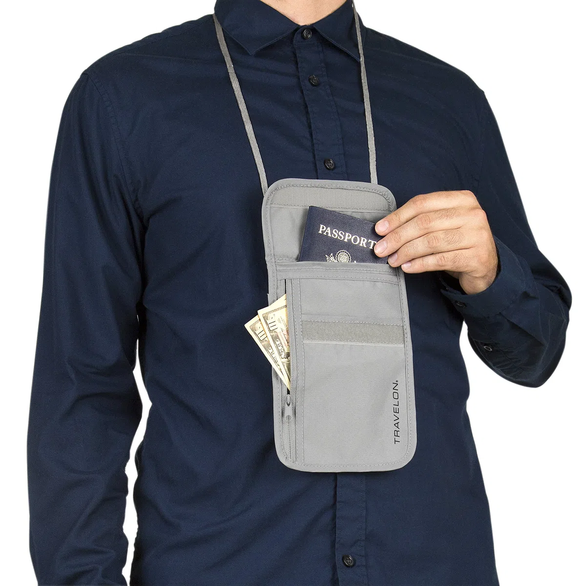 Travelon Undercover Neck Pouch RFID Blocking Travel Passport ID card Holder grigio