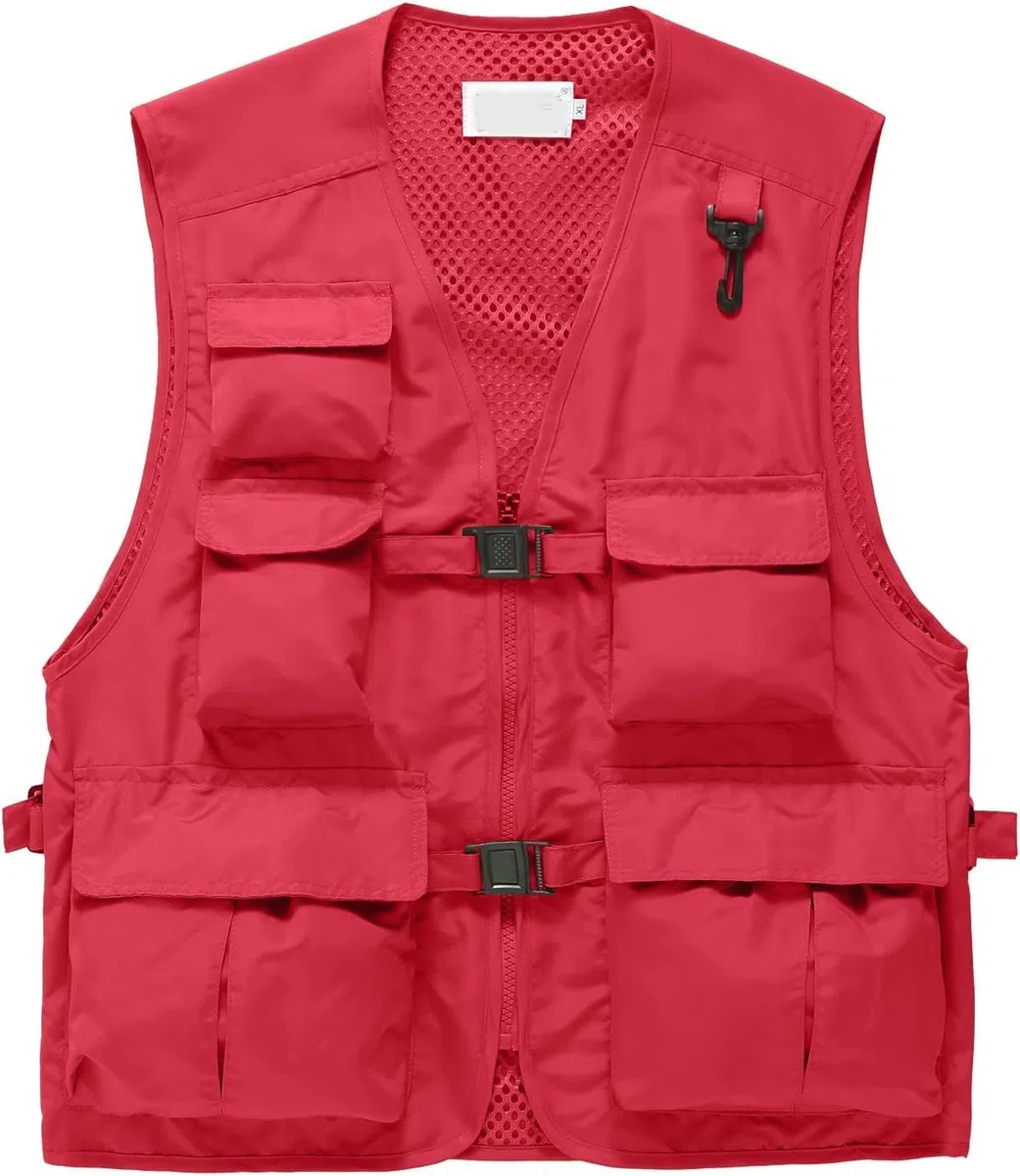 Gilet Cargo da Uomo E Donna Gilet da Caccia Militare All'aperto da Arrampicata da Pesca con Tasche Multiple, Red, L