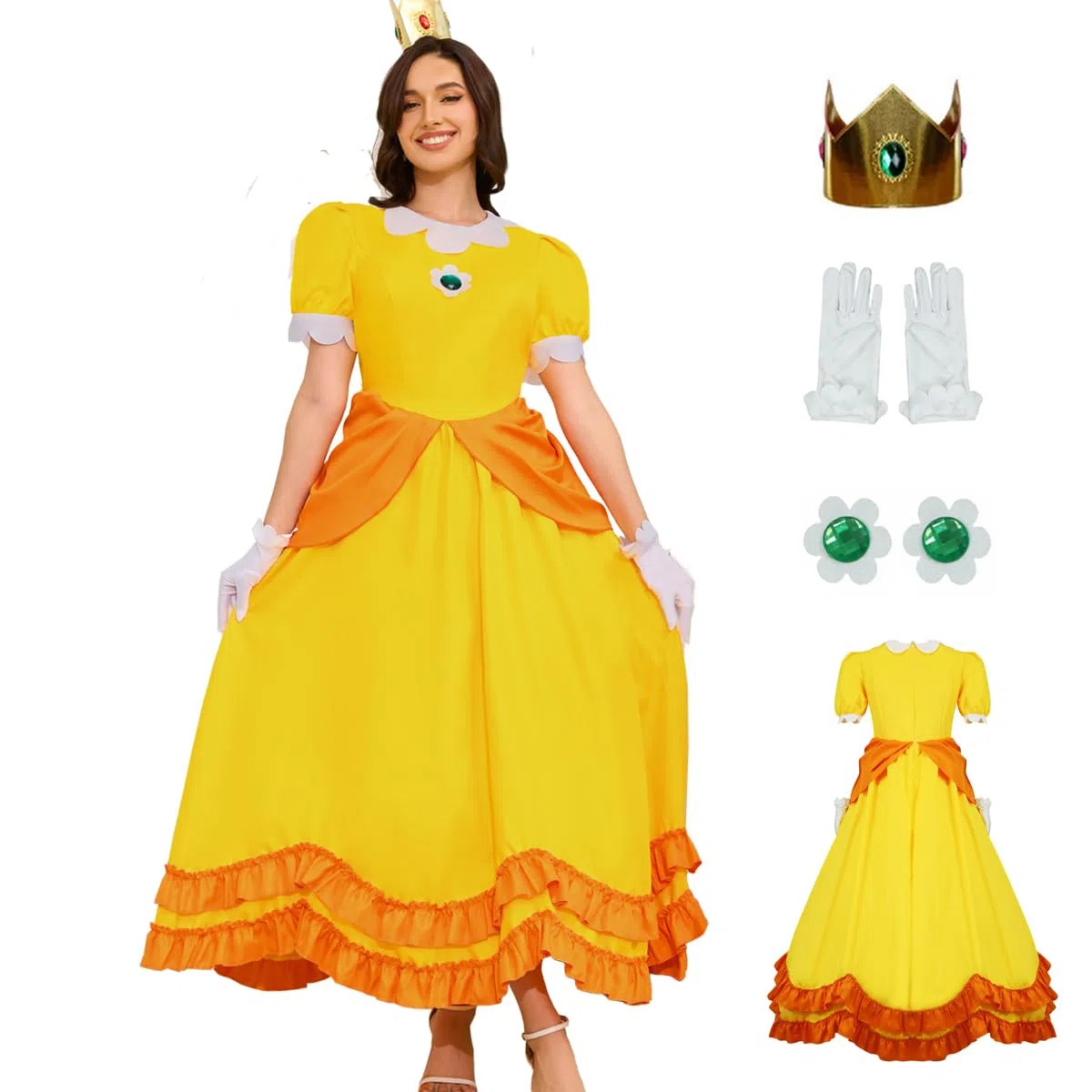 Vestito da principessa da donna, per Halloween, cosplay, costume da principessa, corona, orecchini, guanti, set per adulti