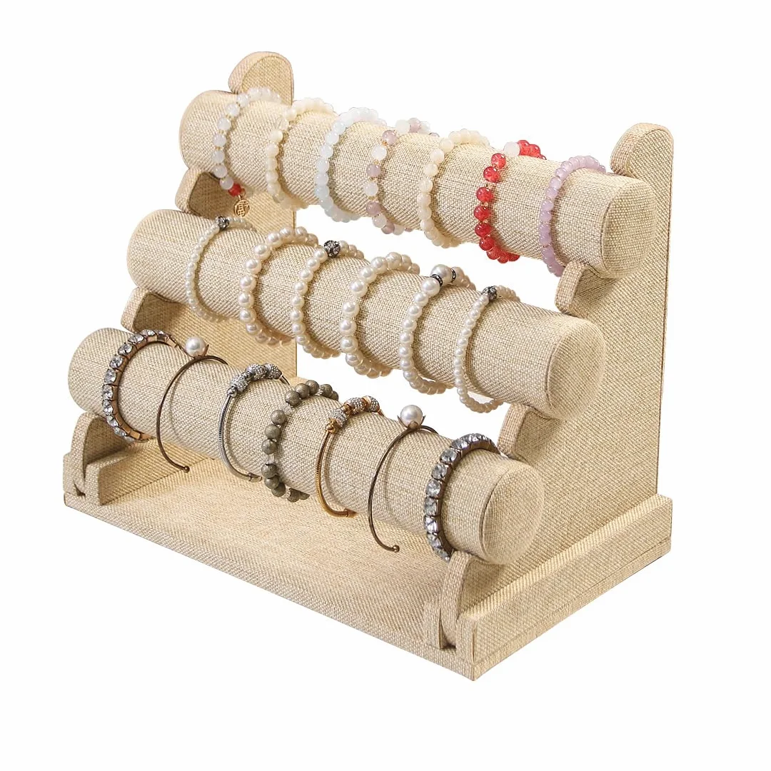 Supporto staccabile a 3 ripiani, espositore per braccialetti e gioielli, espositore per negozi e orologi, organizer per la casa o il negozio (lino giallo)