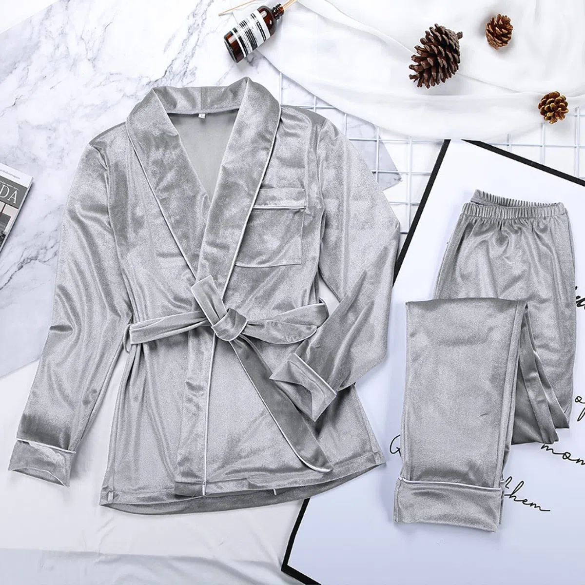 Pigiama da Donna a Maniche Lunghe Set in Due Pezzi, Set Cardigan Caldo E Confortevole, Camicia da Notte Sexy da Donna Loungewear,Grigio,M
