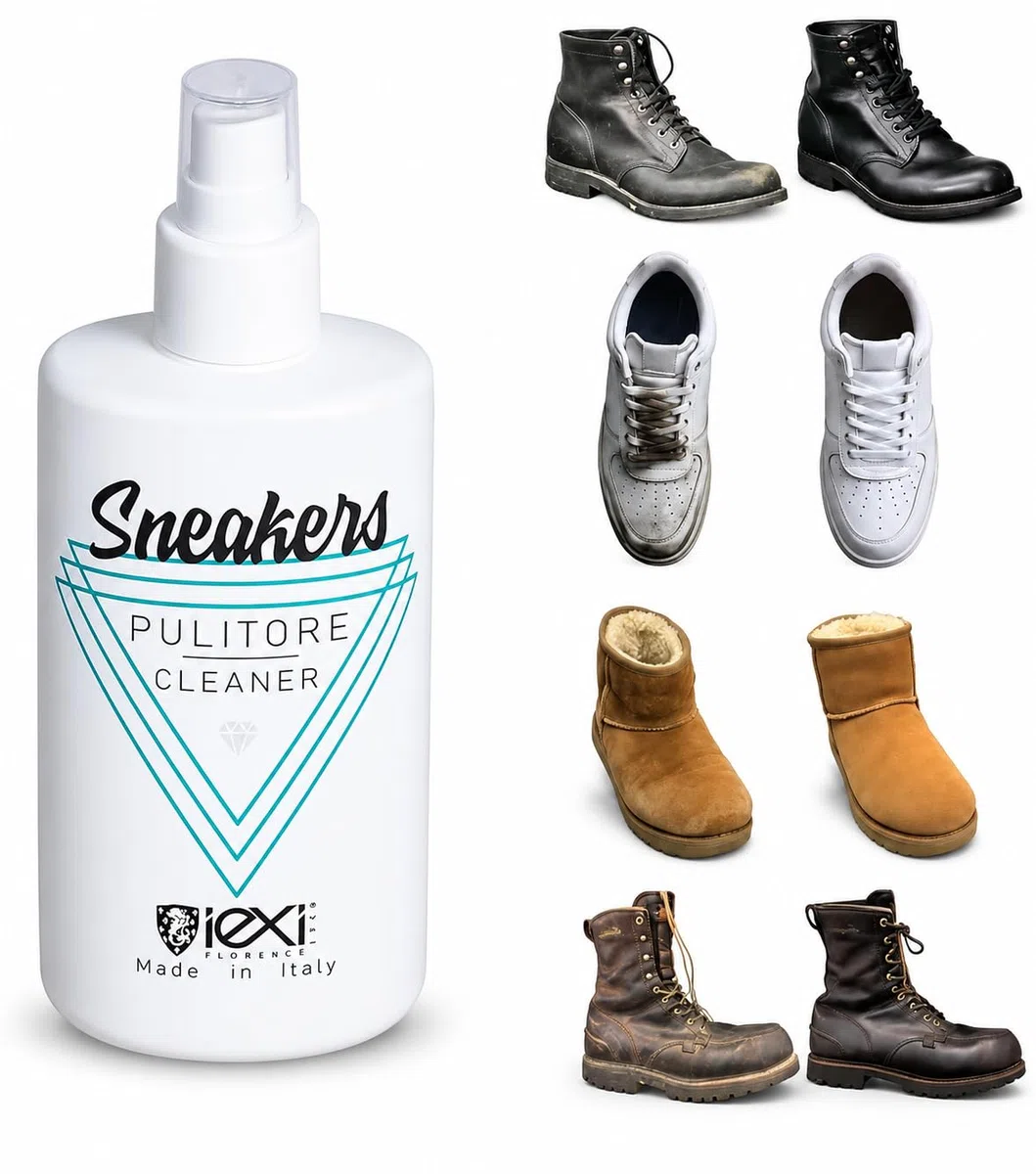 IEXI Pulisci Scarpe Universale, Pulitore e Detergente Spray, Made in Italy - Detergente per Tutte le Scarpe: Pelle, Camoscio, Materiali misti, Sneakers e Trekking - Pronto all'uso Rimuove Macchie