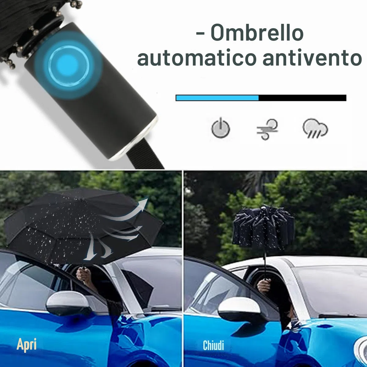 Ombrello Automatico Antivento da Viaggio - Doppio Baldacchino in Alluminio Leggero, 10 Stecche, Chiuso 30cm Apertura 102cm per Uomo e Donna