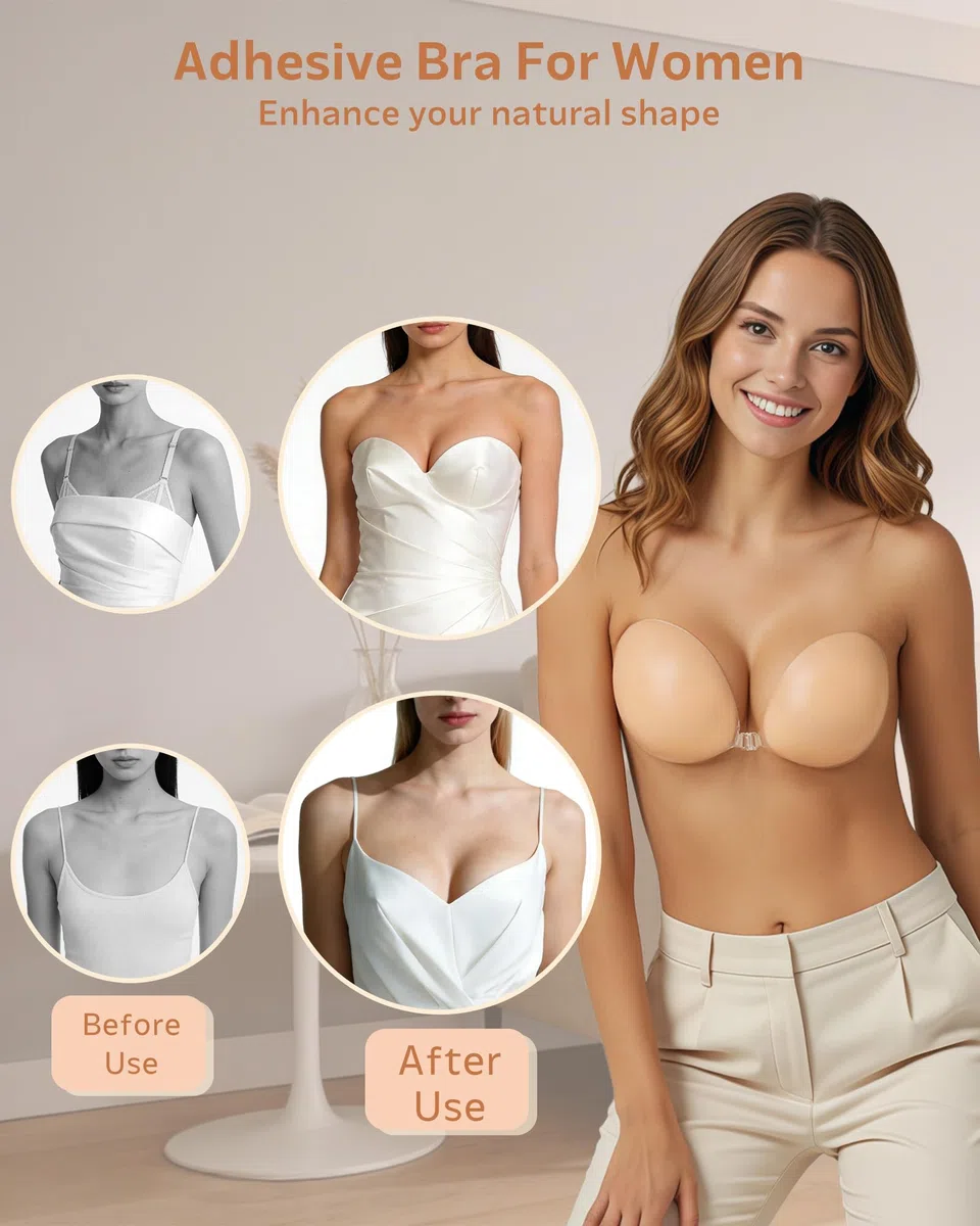 Reggiseno adesivo, senza spalline, senza spalline, appiccicoso per donne, in silicone adesivo, invisibile, reggiseno push-up riutilizzabile, comodo reggiseno con 2 copricapezzoli