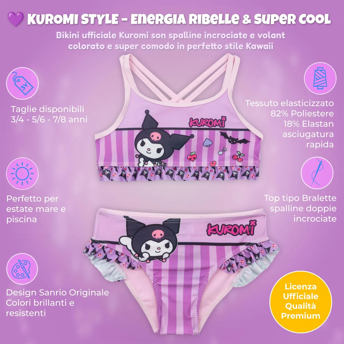 Hello Kitty Friends Bikini Bambina 2 Pezzi Costume Mare Piscina 82% Poliestere 18% Elastan Stampa Ufficiale Taglie 3-8 Anni Rosa e Giallo