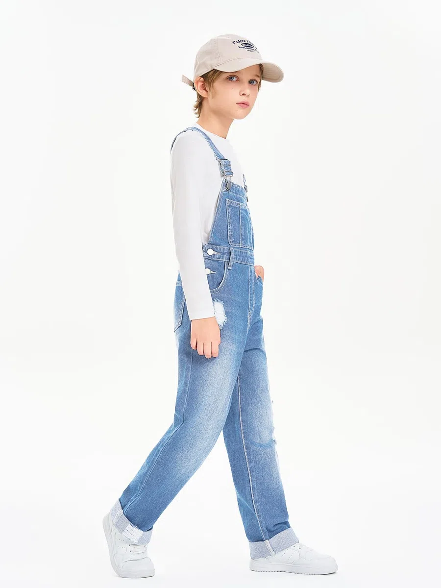 Haloumoning Salopette in denim per bambini con spalline regolabili, 5-14 anni | Pantaloni in denim per bambini, comode tasche per attrezzi, vestibilità ampia